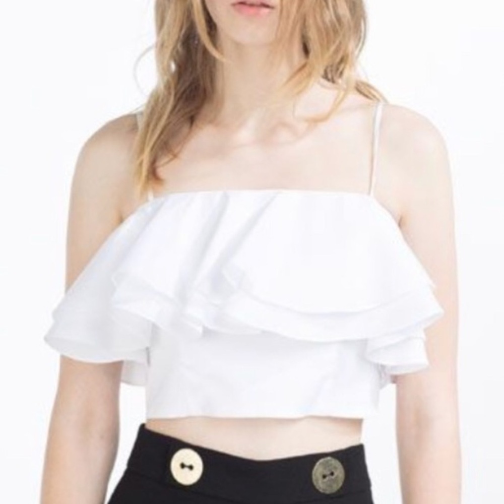 ZARA white‎ cropped flutter top